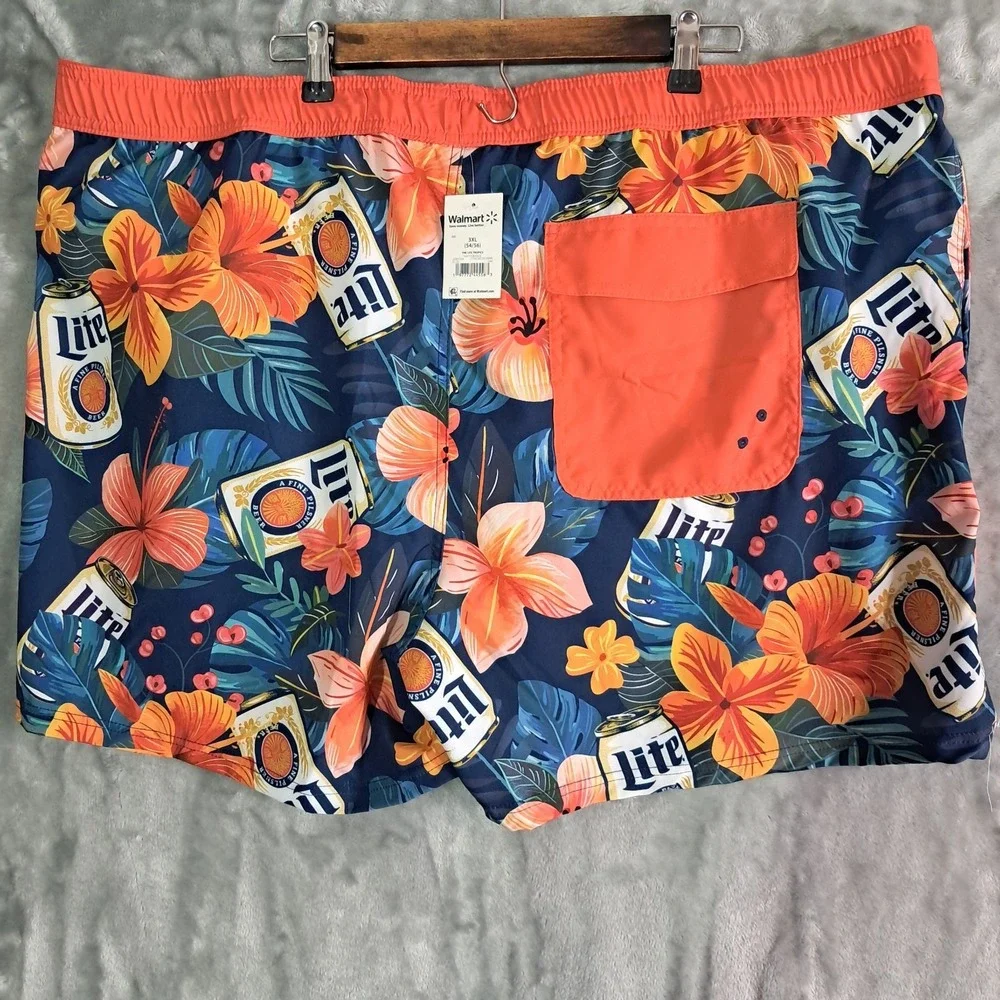 Miller Lite Tropical Floral Swim Board Shorts Above The Knee Men's Size 3XL NWT
